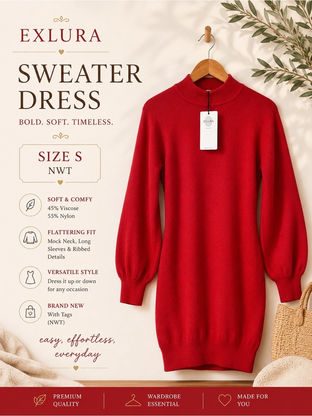 Exlura Red Sweater Dress Mock Neck Long Sleeve Knit Size S NWT